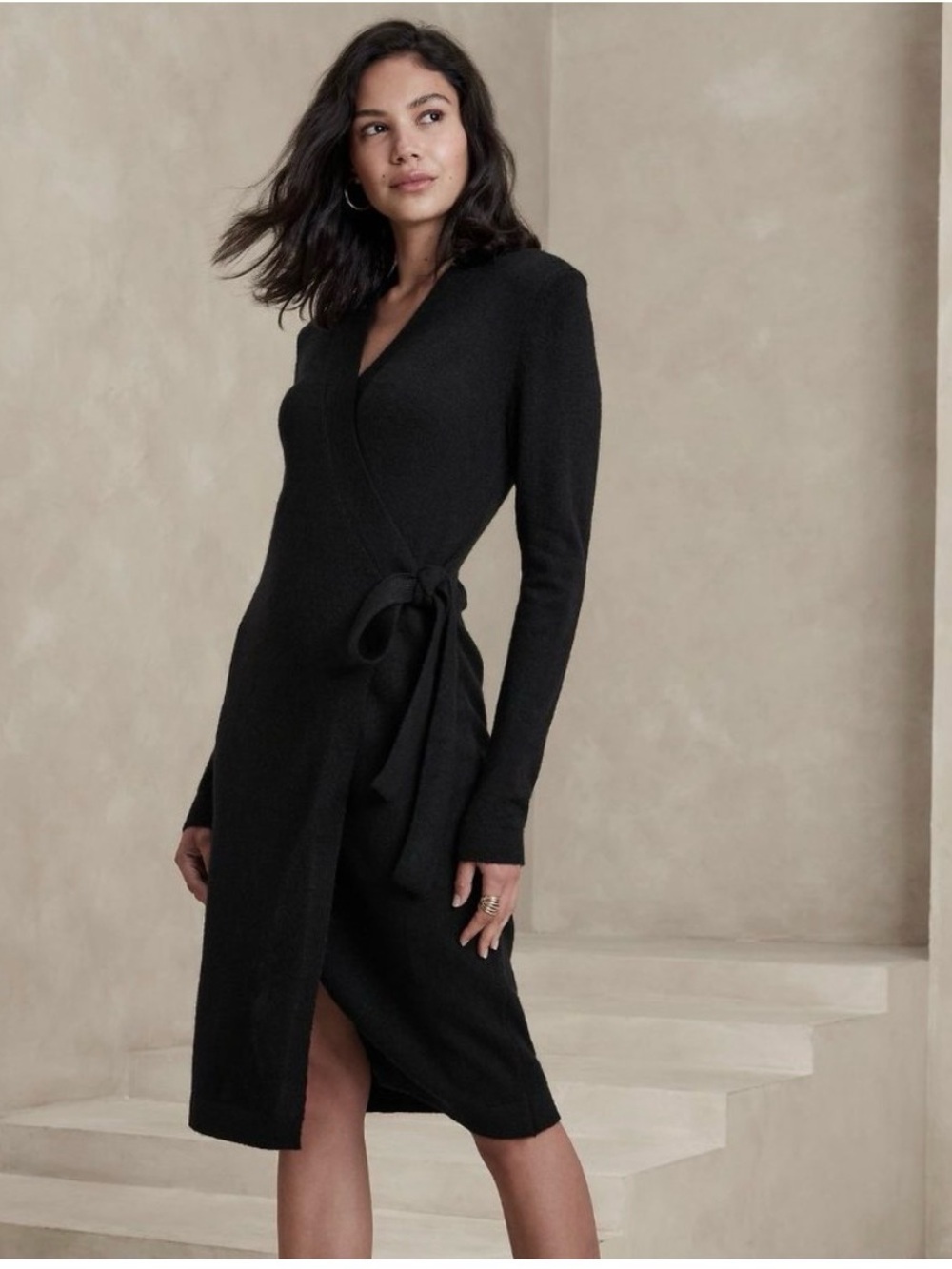BR Black Ribbed Sweater Wrap Midi Dress with Side Tie S